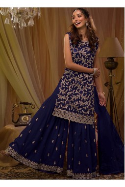 Navy Blue Georgette Sequins Embroidered Designer Gharara Set