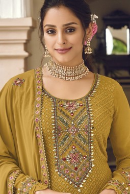 Mustard Faux Georgette Embroidered Wedding Salwar Kameez