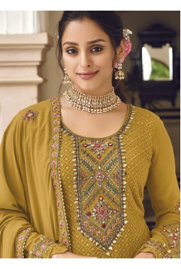Mustard Faux Georgette Embroidered Wedding Salwar Kameez