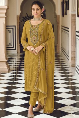 Mustard Faux Georgette Embroidered Wedding Salwar Kameez