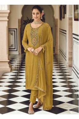 Mustard Faux Georgette Embroidered Wedding Salwar Kameez