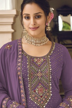 Purple Faux Georgette Embroidered Wedding Salwar Kameez