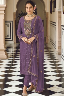 Purple Faux Georgette Embroidered Wedding Salwar Kameez