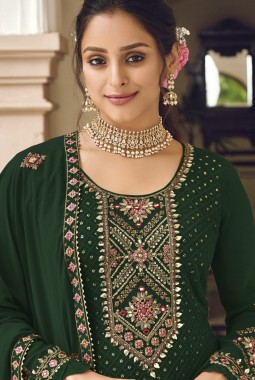 Green Faux Georgette Embroidered Wedding Salwar Kameez