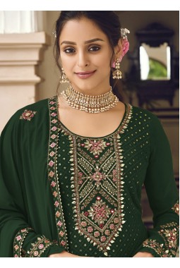 Green Faux Georgette Embroidered Wedding Salwar Kameez
