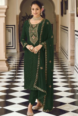 Green Faux Georgette Embroidered Wedding Salwar Kameez