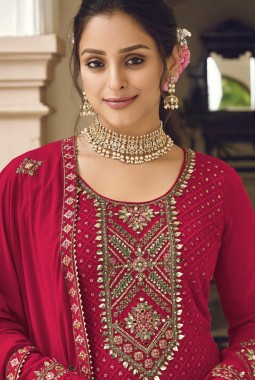 Red Faux Georgette Embroidered Wedding Salwar Kameez