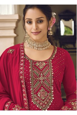 Red Faux Georgette Embroidered Wedding Salwar Kameez