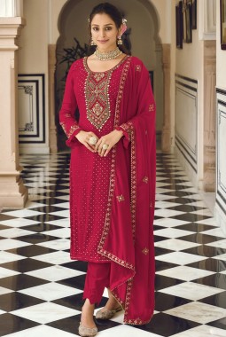 Red Faux Georgette Embroidered Wedding Salwar Kameez