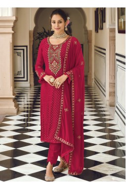 Red Faux Georgette Embroidered Wedding Salwar Kameez