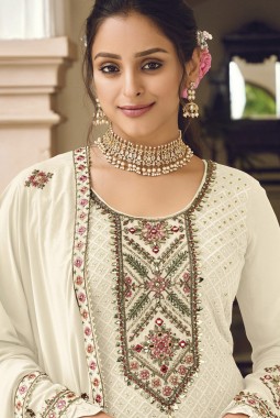 White Faux Georgette Embroidered Wedding Salwar Kameez