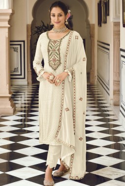 White Faux Georgette Embroidered Wedding Salwar Kameez