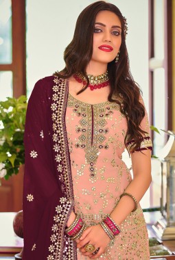 Peach Faux Georgette Embroidered Wedding Plazzo Set