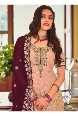 Peach Faux Georgette Embroidered Wedding Plazzo Set