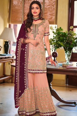 Peach Faux Georgette Embroidered Wedding Plazzo Set
