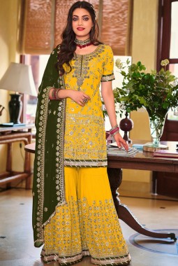 Yellow Faux Georgette Embroidered Wedding Plazzo Set