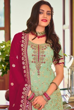 Sea Green Faux Georgette Embroidered Wedding Plazzo Set