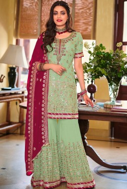Sea Green Faux Georgette Embroidered Wedding Plazzo Set