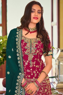 Red Faux Georgette Embroidered Wedding Plazzo Set