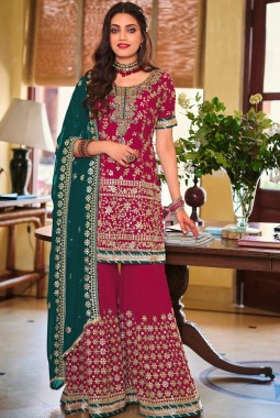 Red Faux Georgette Embroidered Wedding Plazzo Set