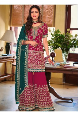 Red Faux Georgette Embroidered Wedding Plazzo Set