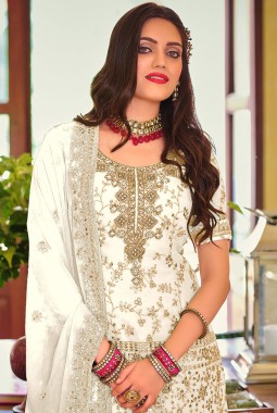 White Faux Georgette Embroidered Wedding Plazzo Set