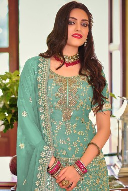 Blue Faux Georgette Embroidered Wedding Plazzo Set