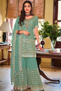 Blue Faux Georgette Embroidered Wedding Plazzo Set