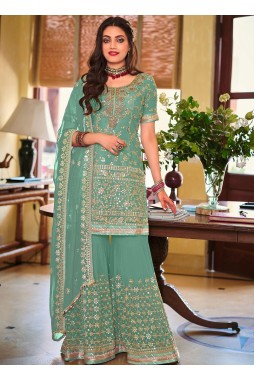 Blue Faux Georgette Embroidered Wedding Plazzo Set