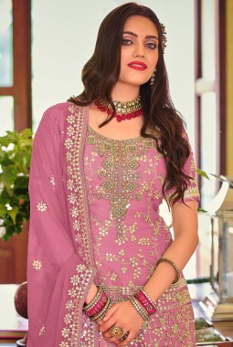 Pink Faux Georgette Embroidered Wedding Plazzo Set
