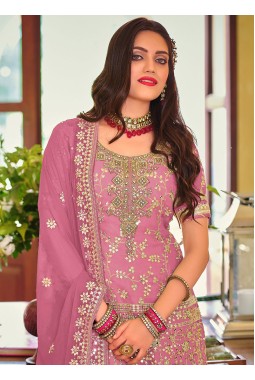 Pink Faux Georgette Embroidered Wedding Plazzo Set