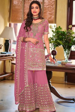 Pink Faux Georgette Embroidered Wedding Plazzo Set