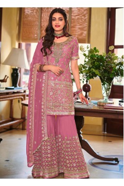 Pink Faux Georgette Embroidered Wedding Plazzo Set