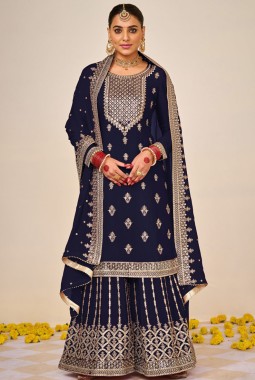 Navy Blue Faux Georgette Embroidered Wedding Plazzo Set
