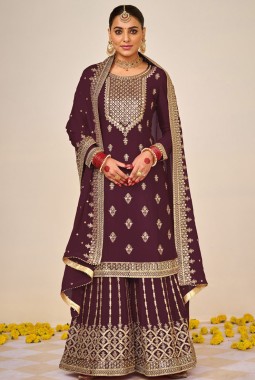 Brown Faux Georgette Foil Paper Work Wedding Plazzo Set