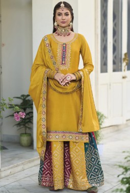 Mustard Faux Georgette Embroidered Sequins Work Plazzo Set