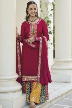 Red Faux Georgette Embroidered Plazzo Set