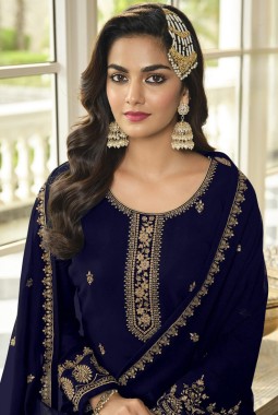 Royal Blue Faux Georgette Embroidered Sequins Wedding Salwar Kameez