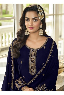 Royal Blue Faux Georgette Embroidered Sequins Wedding Salwar Kameez