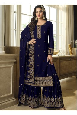 Royal Blue Faux Georgette Embroidered Sequins Wedding Salwar Kameez