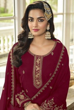 Red Faux Georgette Embroidered Sequins Wedding Salwar Kameez