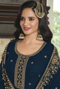 Navy Blue Faux Georgette Embroidered Sequins Wedding Salwar Kameez