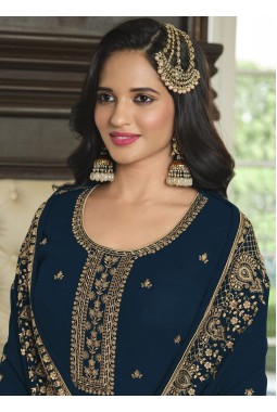 Navy Blue Faux Georgette Embroidered Sequins Wedding Salwar Kameez