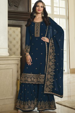 Navy Blue Faux Georgette Embroidered Sequins Wedding Salwar Kameez