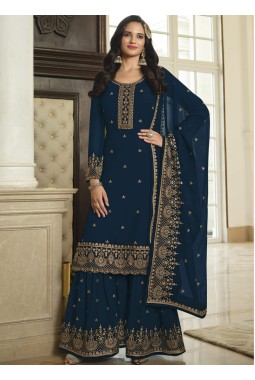 Navy Blue Faux Georgette Embroidered Sequins Wedding Salwar Kameez