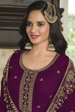 Maroon Faux Georgette Embroidered Sequins Wedding Salwar Kameez