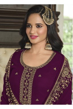 Maroon Faux Georgette Embroidered Sequins Wedding Salwar Kameez