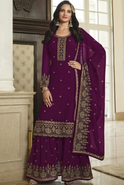 Maroon Faux Georgette Embroidered Sequins Wedding Salwar Kameez