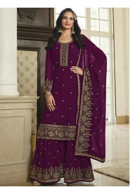 Maroon Faux Georgette Embroidered Sequins Wedding Salwar Kameez