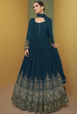 Navy Blue Faux Georgette Embroidered Gown Style Salwar Kameez